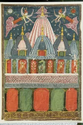 Ein Tempel mit einem Bild von Venu-gopala-krishna mit zwei tanzenden Mädchen, die für die Gottheit auftreten, 1823