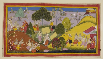 Links fällt Bharata in seiner extremen Not in Ohnmacht, nachdem er Guhas Geschichte von seinem Treffen mit Rama gehört hat, und wird von seinem Bruder und den Königinnen wiederbelebt. Kausalya sagt ihm, dass sie alle völlig von ihm abhängig sind. Guha führ