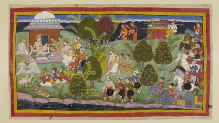 Die beiden Prinzen, die Brahmanen und Minister nähern sich zu Fuß dem Einsiedlerheim von Bharadwaja, mit den drei Königinnen in einiger Entfernung über den Horizont, gefolgt von ihren Sänften. Die Armee mit ihren Elefanten und Streitwagen wartet dahinter. 