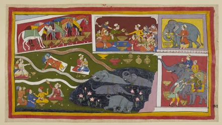 Die Pferde, Elefanten und Soldaten genießen ebenfalls Bharadwajas Gastfreundschaft. Die Pferde essen aus großen goldenen Schalen; ebenso die Elefanten, die hier mit Zuckerrohr präsentiert werden