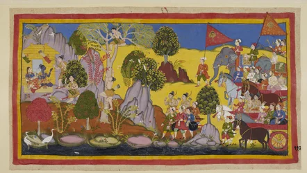 Der Tumult der herannahenden Armee hat Rama alarmiert, und er sagt Laksmana, dass er auf einen Baum klettern soll, um herauszufinden, was den Lärm verursacht. Laksmana klettert auf einen blühenden Sāla-Baum und erkennt in der Ferne Bharatas Standarte mit d