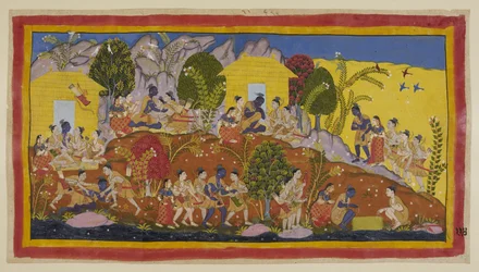 Oben in der Mitte werfen sich Bharata und Shatrughna zu Füßen von Rama, der seine jüngeren Brüder umarmt und ihre Köpfe riecht. Rama nimmt sie auf seinen Schoß, während er nach ihrem Wohlbefinden und dem ihres Vaters fragt.