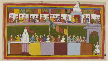 Die gleiche Straße in der Stadt Ayodhya ist jetzt vollständig dekoriert, und die Menschen warten auf die Prozession. Sie erzählen sich gegenseitig, wie weise der König ist und wie glücklich sie sind, Rama als ihren neuen Beschützer zu haben.