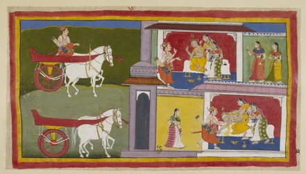 Add 15296 (1) f.72r, Links kehrt Sumantra nach Ayodhya zurück und betritt den Palast, um Ramas letzte Botschaft dem König zu überbringen, der mit Kausalya und Sumitra an seiner Seite sitzt. Der König fällt in Ohnmacht und wird von Sumantra und den Königinn