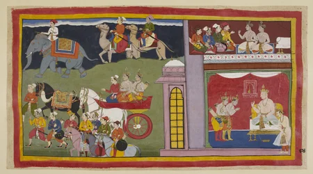 Die Boten, in einer oberen Kammer, sagen den Prinzen, dass sie nach Ayodhyā zurückkehren sollen. Unten im Thronsaal, für die Reise gekleidet, verabschieden sich die Prinzen von König Kaikeyi und seinem Sohn Yudhājit. Sie sitzen in einem Streitwagen mit den