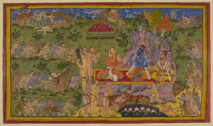 Die Affenstreitkräfte haben die nördlichen, östlichen und westlichen Regionen vergeblich durchkämmt und kehren zurück, um Sugriva und Rama von ihrer Enttäuschung zu berichten. Sugriva Sita auf einem Teppich unter einem königlichen Schirm und bietet Pan (Be