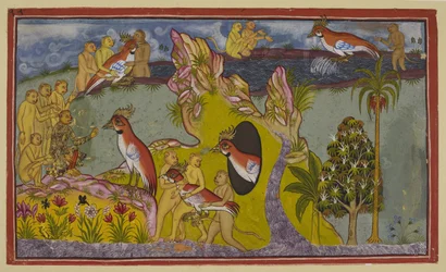 Die Affen haben beschlossen, sich am Ufer des südlichen Ozeans zu Tode zu hungern, anstatt sich dem Zorn ihres Königs zu stellen. Sie werden vom flügellosen Geier Sampati, dem Bruder des Geierkönigs Jatayu, gesehen