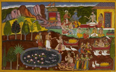Agastya überreicht Rāma ein göttliches Juwel, und dessen Erwerb wird unten erzählt