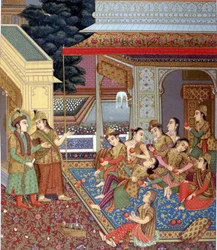 Ein indisches Harem. Illustration einer Mogul-Miniatur (Schule der indischen Miniaturisten des 16. und 17. Jahrhunderts)