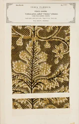 Bedruckte Baumwoll-Palampore- oder Bettdeckenprobe aus Masulipatam in Madras, aus The Collection of the Textile Manufacturers of India, von John Forbes Watson, veröffentlicht 1866