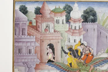 (Detail) Krishna spaltet den Dämon Narakasura mit seinem Diskus, ca. 1585-90