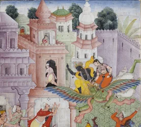 (Detail) Krishna spaltet den Dämon Narakasura mit seinem Diskus, ca. 1585-90