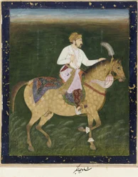 Reiterporträt von Jahangir, losgelöstes Albumfolio mit Malerei, ca. 1900