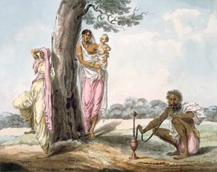 Familie: Mann raucht eine Wasserpfeife und Mädchen macht Yoga, ca. 1850