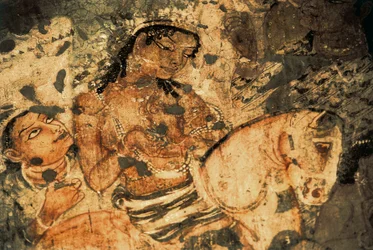 Figur einer Frau auf dem Rücken eines Pferdes, Wandmalerei in den Ajanta-Höhlen (Nummer 1), Gupta-Periode, 5.-6. Jahrhundert