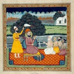 Guru Nanak, der Gründer der Sikh-Religion, im Streit mit hinduistischen Heiligen