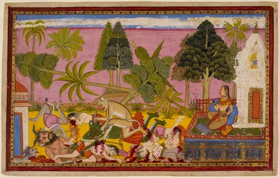 Hanumān greift die Dämonen an, zerstört den Lustgarten und besiegt Rāvaṇas Truppen, während Sītā zusieht. 1653
