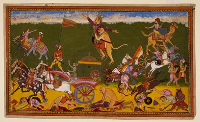 Hanumān besiegt Rāvaṇas fünf Generäle und tötet seinen Sohn Akṣa, was Rāvaṇas Truppen zur Flucht veranlasst. 1653 (Miniatur)