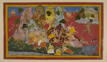 Hanuman kämpft gegen Gandharvas und entwurzelt einen Berg für Heilkräuter