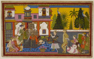 Hanuman wird von Ravana gefangen genommen, gedemütigt, entkommt aber und setzt die Stadt mit seinem brennenden Schwanz in Brand. 1653 (Miniatur)