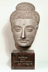 Kopf einer Buddha-Statue, aus Gandhara, Nordwestindien (grauer Schiefer)