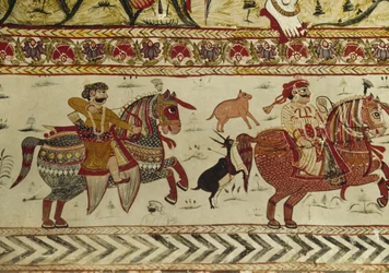Jagdszene, Laxminarayan-Tempel, Orchha, Madhya Pradesh, Indien