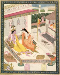 Krishna und Radha auf einem Bett in einem Mogul-Palast, Punjab, um 1860