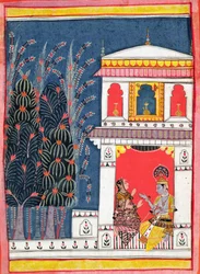 Krishna und eine Dame in einem Pavillon