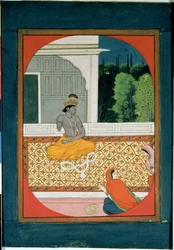 Krishna legt seinen Kranz ab; eine Illustration zum Sat Sai von Bihari Lal, 19. Jahrhundert