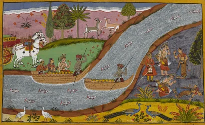 Lakshmana bittet Sita um Vergebung, als sie beim Überqueren des Ganges in Ohnmacht fällt