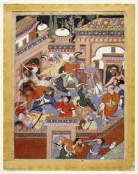 Geführt von Songhur Balkhi und Lulu dem Spion, schneiden die Ayyars den Gefängniswärtern die Kehlen durch und befreien Said Farrukh-Nizhad, 1557 - 1572