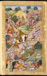 Der Kaiser Babur auf der Jagd, zwischen Ali Shang und Alangar, in der Region Kabul (Afghanistan). Miniatur aus dem persischen Manuskript Vaqi at i Baburi, Memoiren des Mogulkaisers Babur (Zahir ud din Muhammad) (1483-1530), Indien, um 1590. Die British Lib