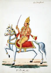 Lord Kalki auf seinem Pferd Devadatta mit Schwert in der Hand