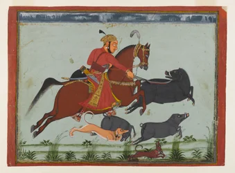 Maharaja Pratap Singh II von Mewar jagt Wildschweine (um 1750-75)