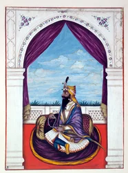 Maharajah Karak Singh, aus Das Königreich Punjab, seine Herrscher und Häuptlinge, Band I, ein Band mit 27 Aquarellstudien eines unbekannten indischen Künstlers, ca. 1840