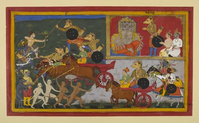 Makaraksha kämpft gegen Rama und Lakshmana, fällt aber durch ihre Pfeile