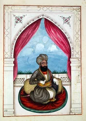 Nawab Mohammad Akhbar Khan, aus Das Königreich Punjab, seine Herrscher und Häuptlinge, Band II, ein Band mit 30 Aquarellstudien eines unbekannten indischen Künstlers, ca. 1840
