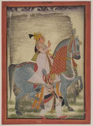Adliger von Mewar reitet auf Nur, begleitet von einem Sais zu Fuß, 1820