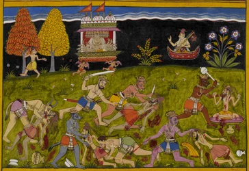 Nārada drängt Rāvaṇa, Yama herauszufordern, anstatt Sterbliche, während Dämonen Wald-Rishis verwüsten