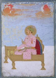 Porträt des Kaisers Jahangir auf einem Thron sitzend, einen Sarapesh haltend, Mughal