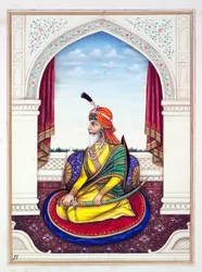 Rajah Chattar Singh, aus Das Königreich Punjab, seine Herrscher und Häuptlinge, Band I, ein Band mit 27 Aquarellstudien eines unbekannten indischen Künstlers, ca. 1840