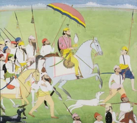 Rajah Dhian Singh (1796-1840) jagt mit Begleitern, ca. 1834-40