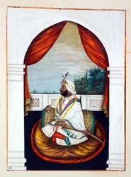 Rajah Sher Singh, aus Das Königreich Punjab, seine Herrscher und Häuptlinge, Band I, ein Band mit 27 Aquarellstudien eines unbekannten indischen Künstlers, ca. 1840