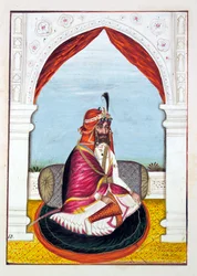 Rajah Suchet Singh, aus Das Königreich Punjab, seine Herrscher und Häuptlinge, Band I, ein Band mit 27 Aquarellstudien eines unbekannten indischen Künstlers, ca. 1840