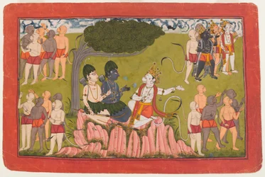 Rama und Lakshmana beraten sich mit Sugriva über die Suche nach Sita, Folio aus einer verstreuten Ramayana Serie, ca. 1770-10