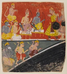 Rama und Lakshmana empfangen Gesandte, Seite aus einer verstreuten Ramayana-Serie, ca. 1634