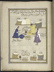 Rohwolle für Schals wird an Frauen zum Spinnen verteilt, 86 Zeichnungen in einem Band, der Berufe und Tätigkeiten in Kaschmir darstellt, Handwerker werden bei der Arbeit mit ihren Werkzeugen und Ausrüstungen gezeigt, von einem Kaschmir-Künstler, wahrschein