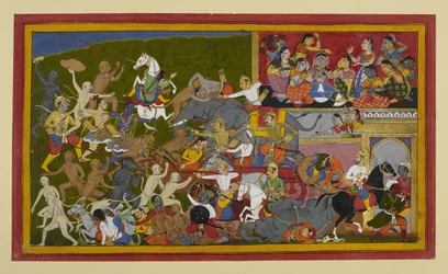 Rama und Lakshmana töten Dämonen, während weibliche Titanen trauern und sich an eine Prophezeiung erinnern