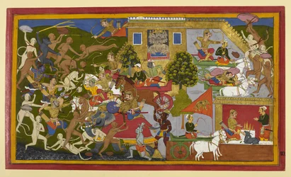 Rama und Verbündete greifen Dämonen an, während Indrajit ein Unsichtbarkeitsritual durchführt