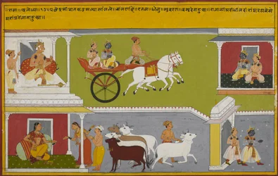 Rāma wird Regent, verlässt den Palast und erzählt es seiner Mutter Kaushalyā, die Kühe als Geschenke gibt